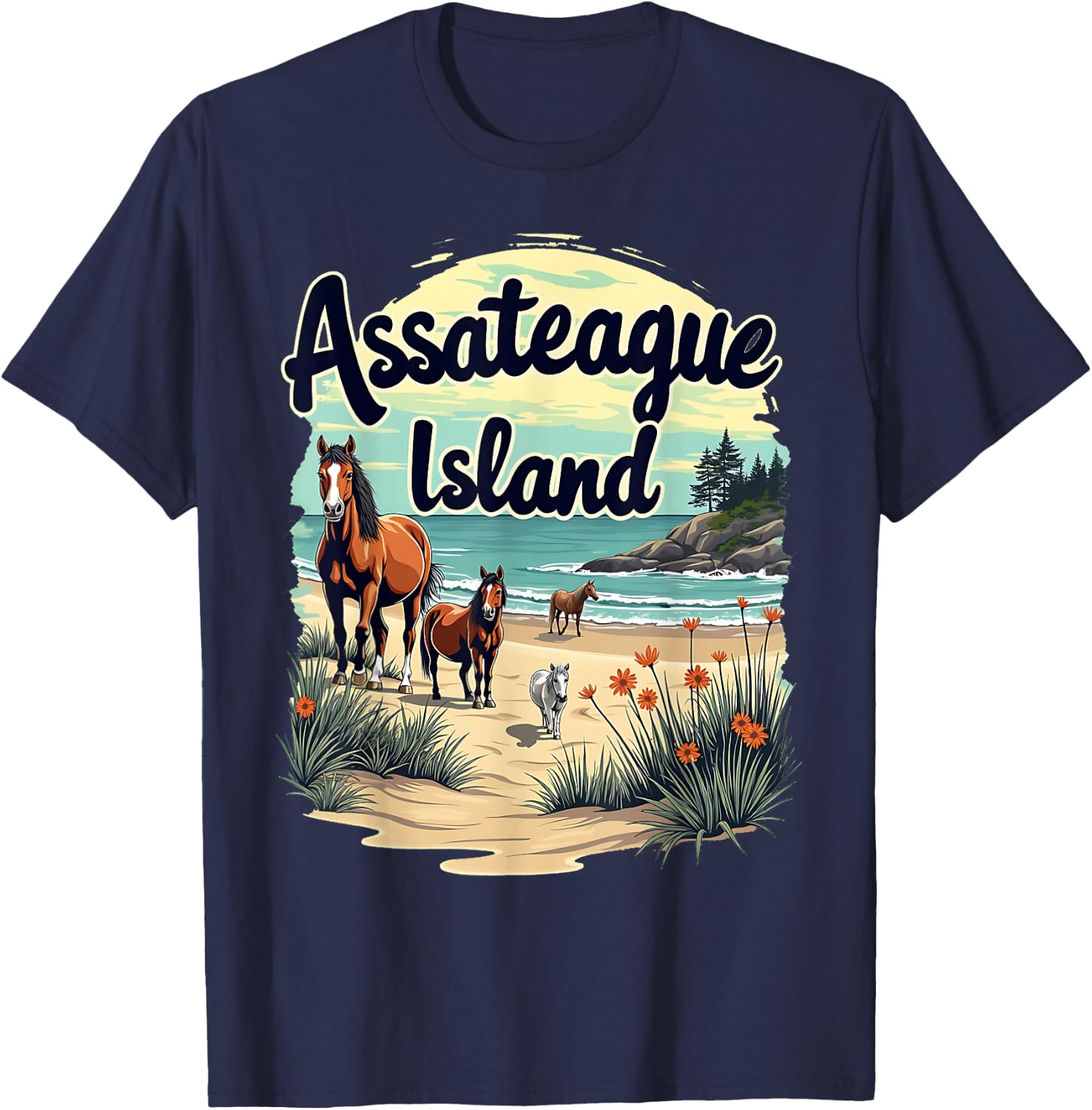 Scenic Wild Horses on Assateague Island Maryland T-Shirt - T-Shirt | Navy