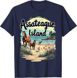 Scenic Wild Horses on Assateague Island Maryland T-Shirt - T-Shirt | Navy