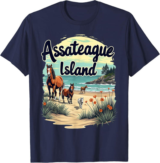 Scenic Wild Horses on Assateague Island Maryland T-Shirt - T-Shirt | Navy