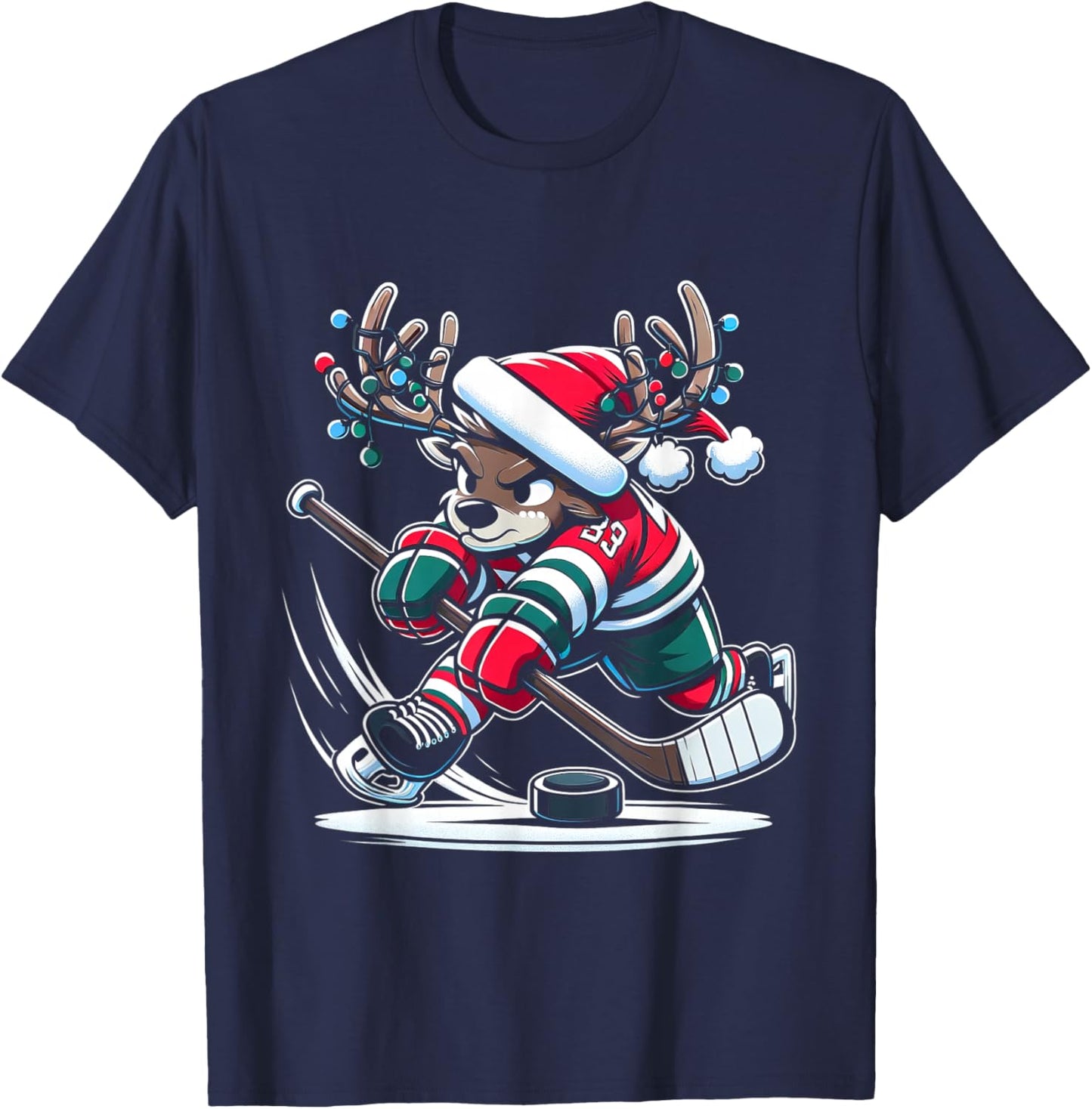 Reindeer Hockey Player Slapshot Stag in Festive Hockey Gear T-Shirt - T-Shirt | Navy