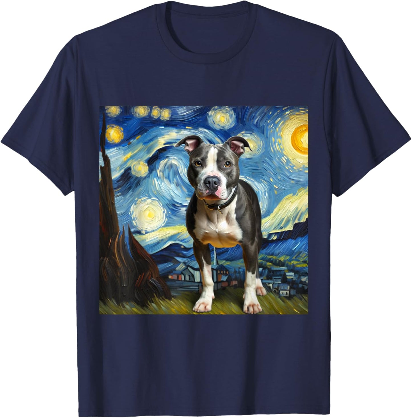 Pitbull Animal Funny Pit Bull Starry Night Van Gogh Style T-Shirt - T-Shirt | Navy