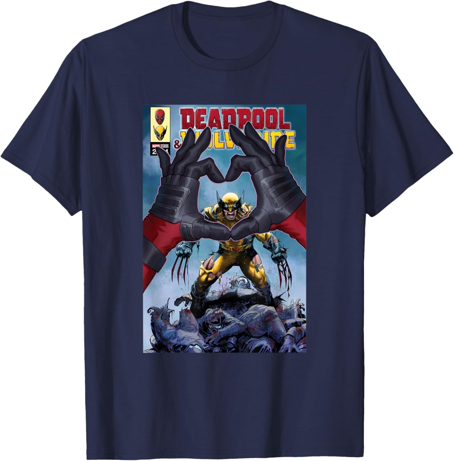 Marvel Studios Deadpool & Wolverine Comic Cover Hand Heart T-Shirt - T-Shirt | Navy