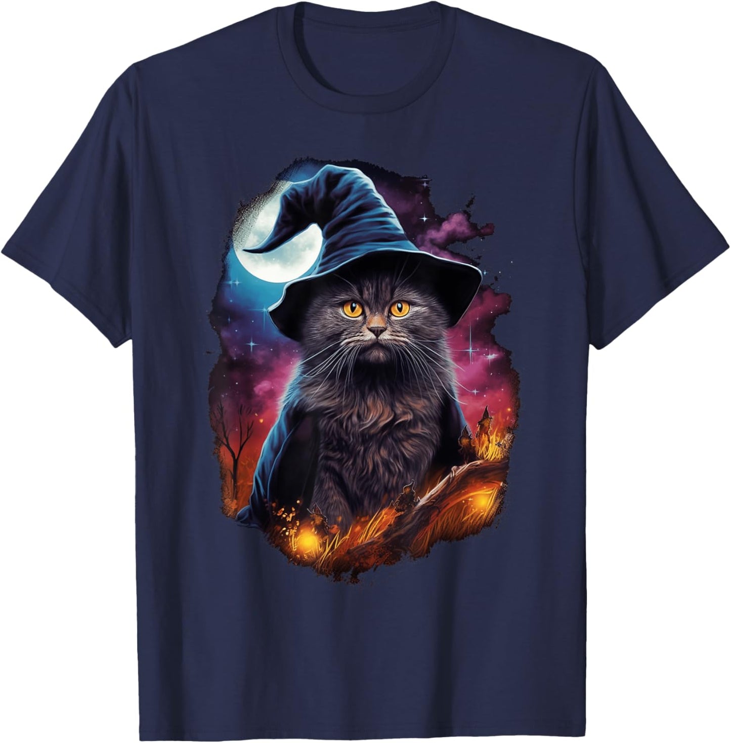 Black Cat Wizard Halloween Witch Mystical Black Cat Lovers Men Women Kids T-Shirt - T-Shirt | Navy