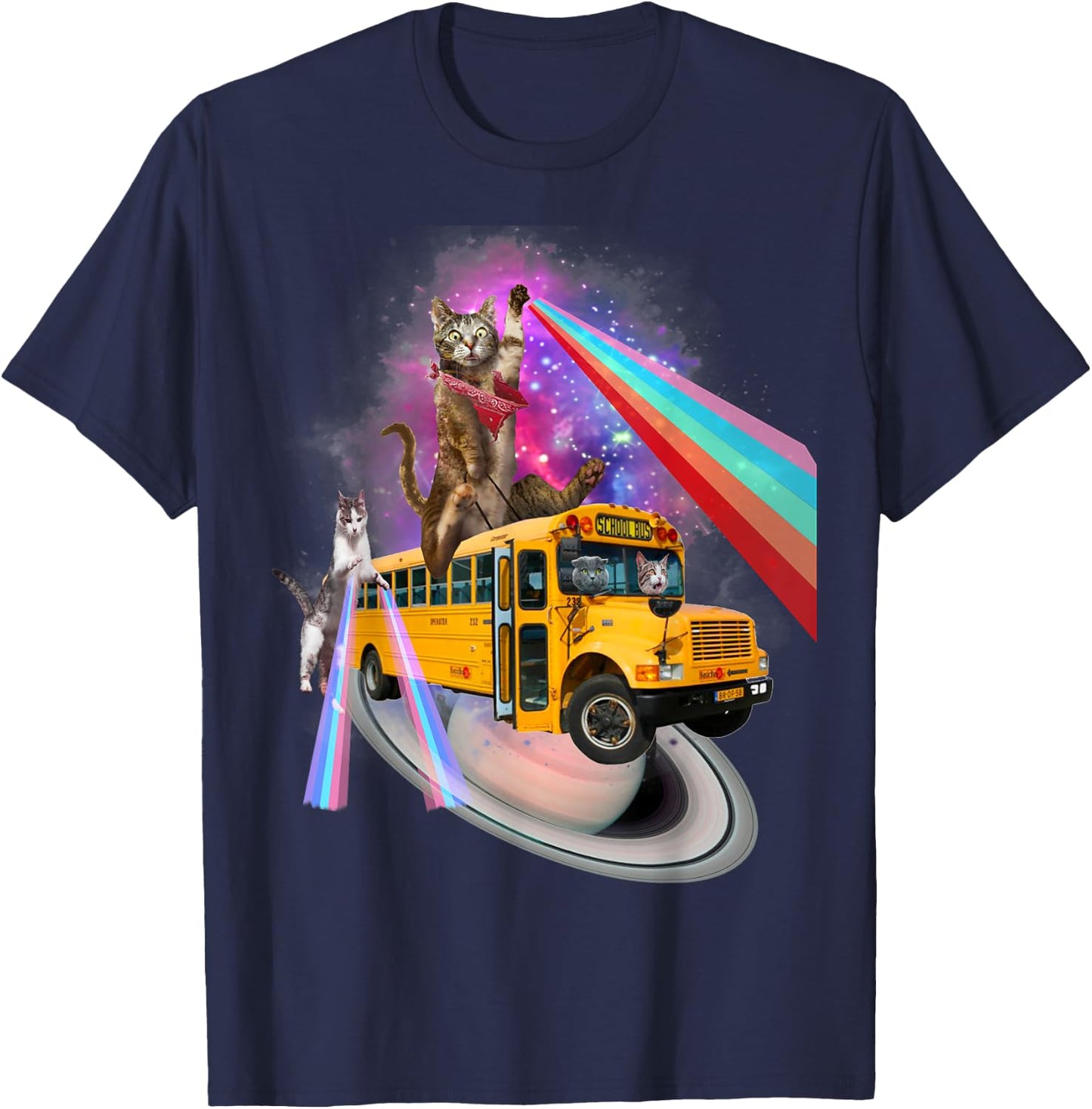 Awesome Back To School Cat Bus Rainbow Outer Space Retro Men Women Kids T-Shirt - T-Shirt | Navy