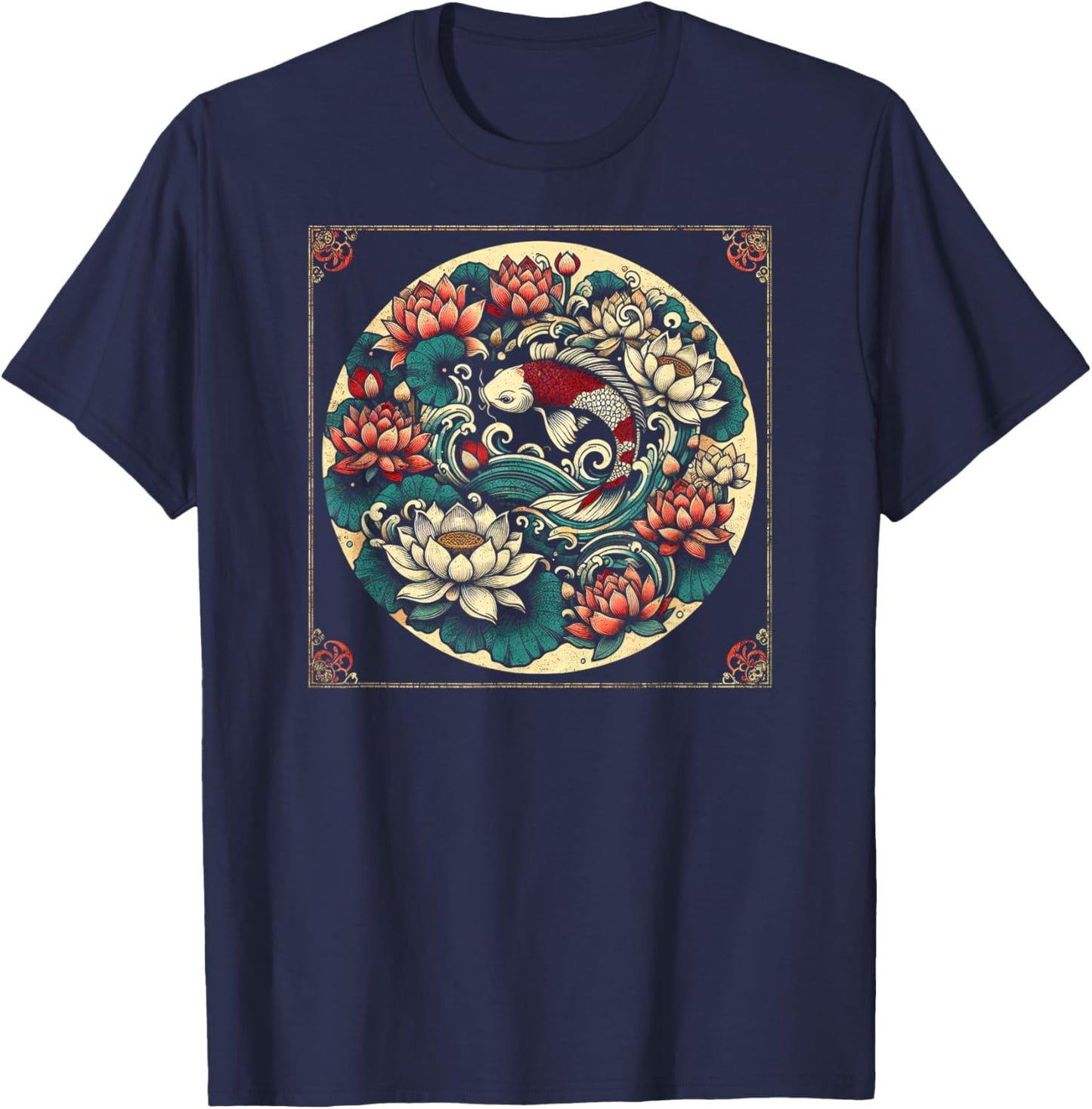 Japanese Koi Fish Lotus Design T-Shirt - T-Shirt | Navy