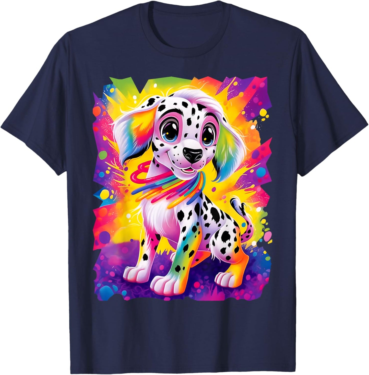 Dinosaurus Rekx Dalmatian Puppy Dog Colorful Rainbow Vibrant Graphic , Small, Black T-Shirt - T-Shirt | Navy
