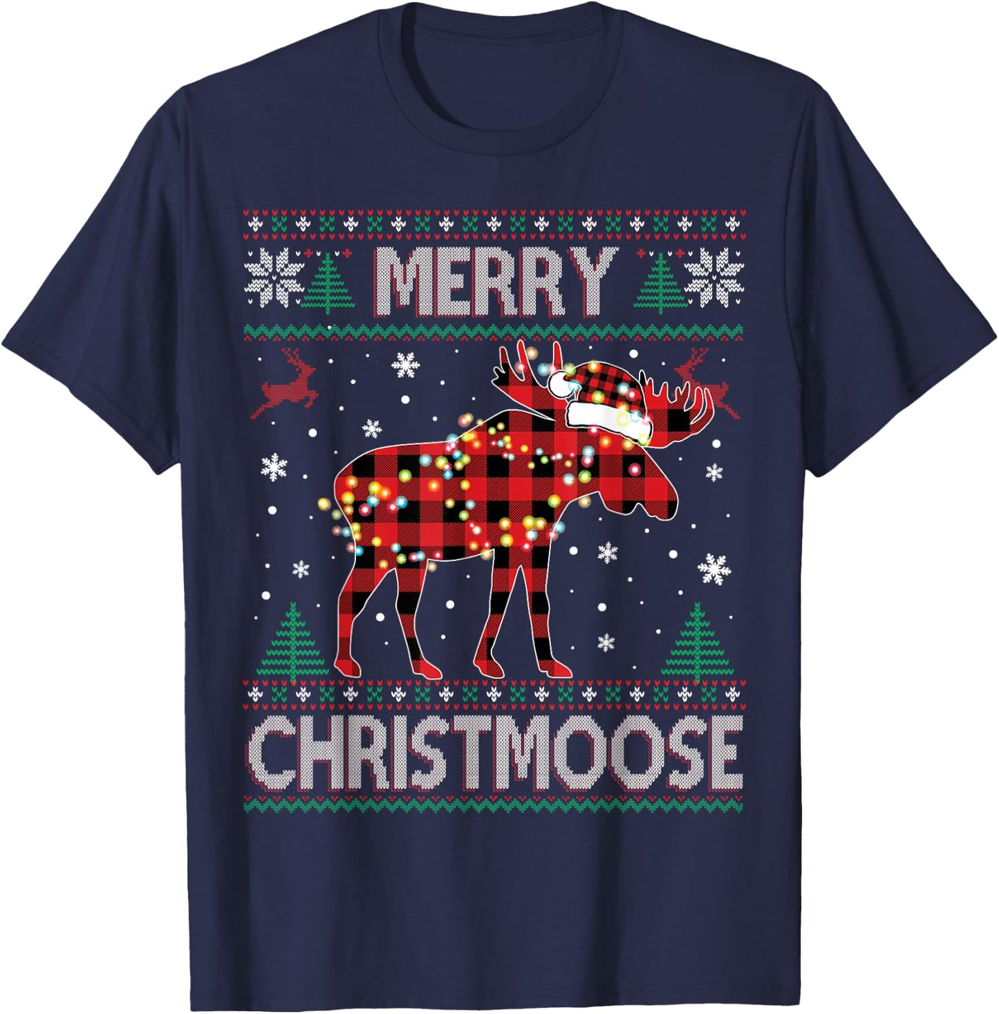Merry Christmoose Christmas Moose Red Plaid Ugly Sweater T-Shirt - T-Shirt | Navy