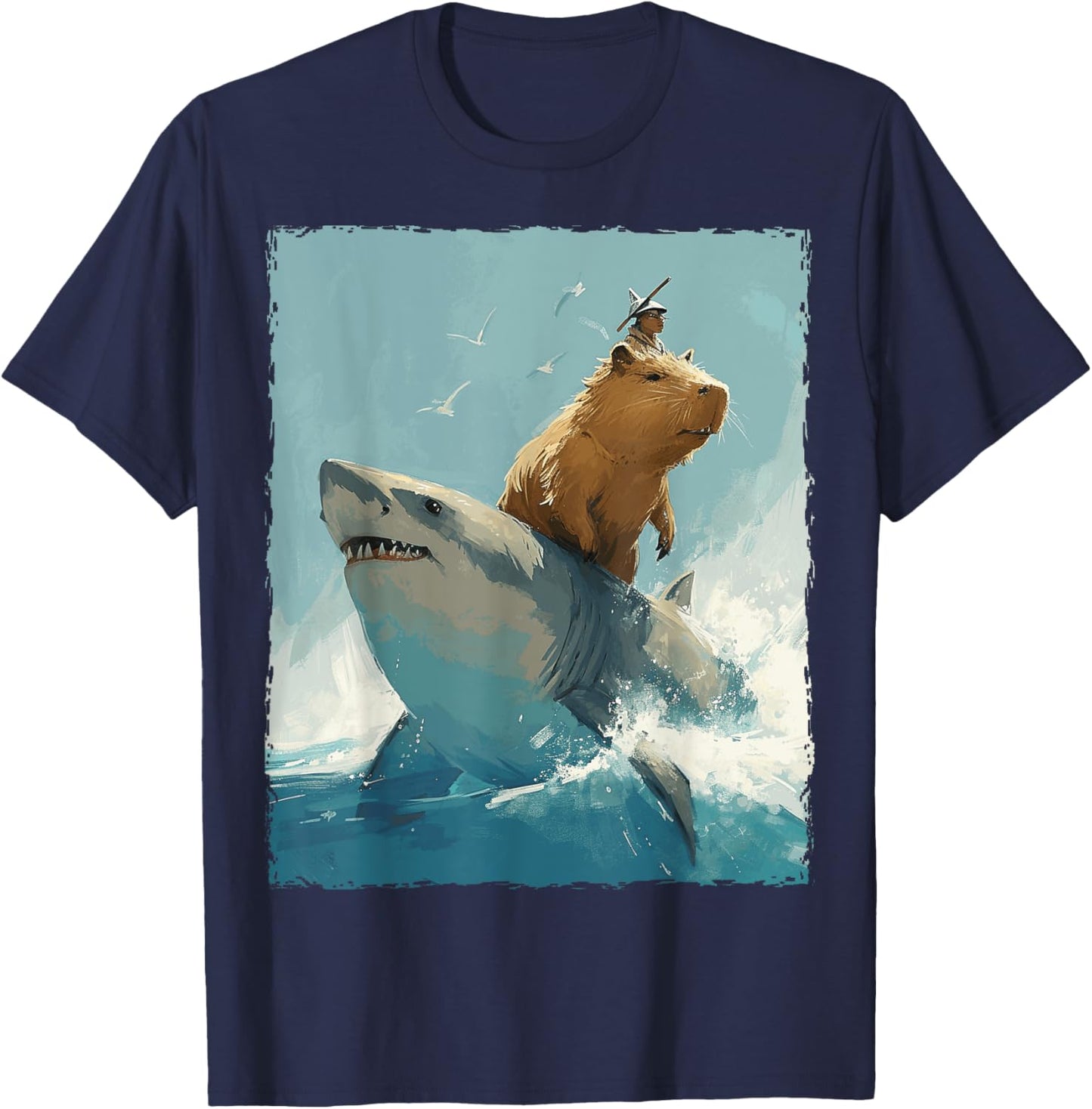 Capybara Is Riding A Shark T-Shirt - T-Shirt | Navy