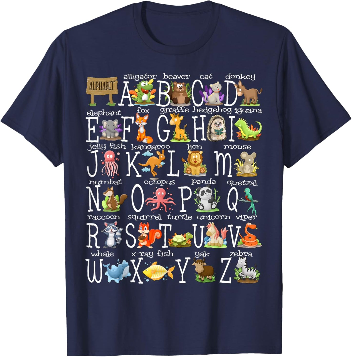 Back to School Kids Cute Animals A-Z Alphabet ABCs Teacher T-Shirt - T-Shirt | Navy