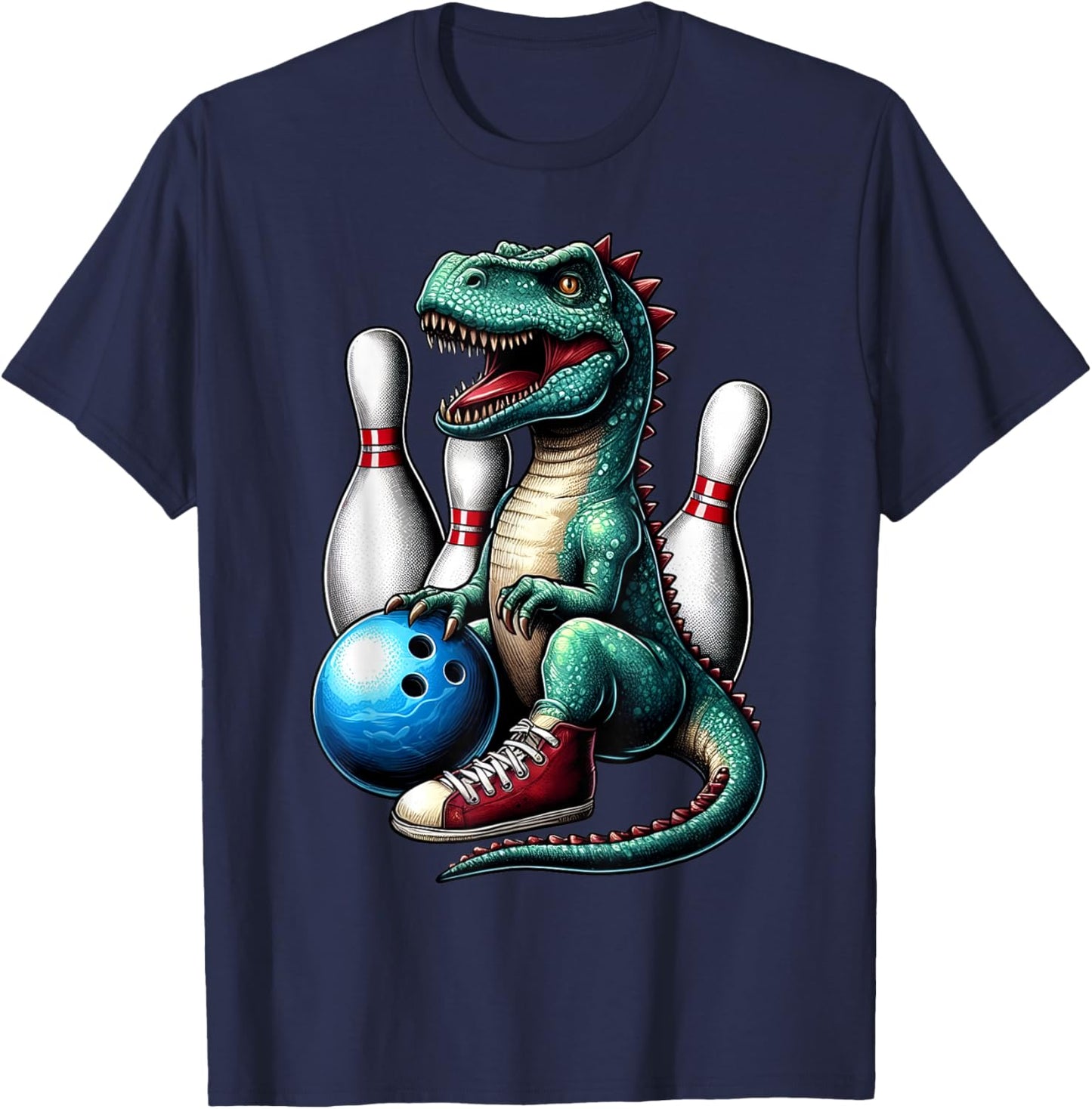 Dinosaur Bowling Ball Graphic Funny Dino Bowler Kids Adults T-Shirt - T-Shirt | Navy