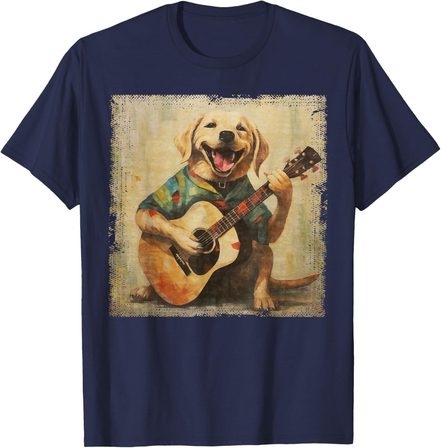 Colorful Oil Painting Of A Labrador Dog Lab Playing Guitar Men Women Girls Kids T-Shirt - T-Shirt | Navy