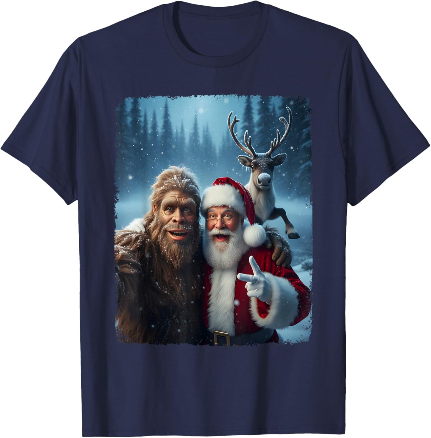 Santa Claus Bigfoot Selfie Top Xmas Meme Funny Christmas T-Shirt - T-Shirt | Navy