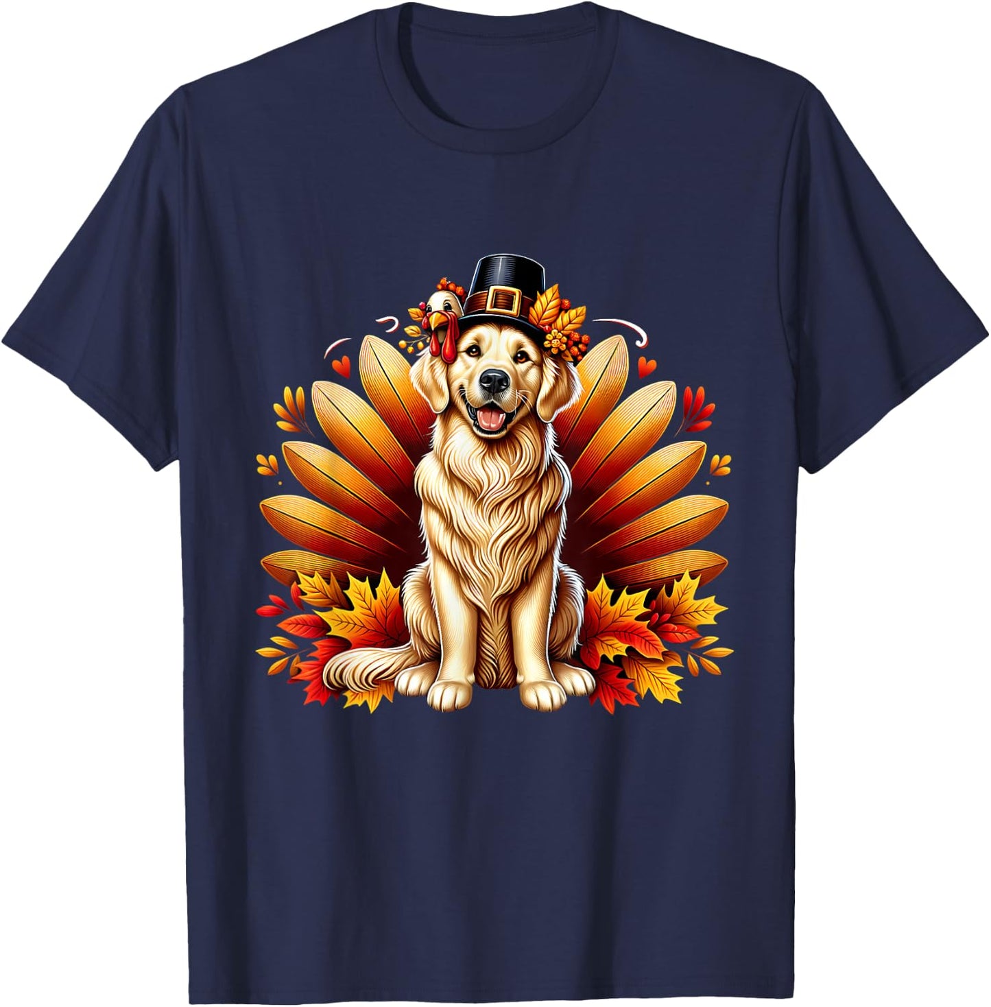 Fall Golden Retriever Thanksgiving Pilgrim Turkey Dog Autumn T-Shirt - T-Shirt | Navy