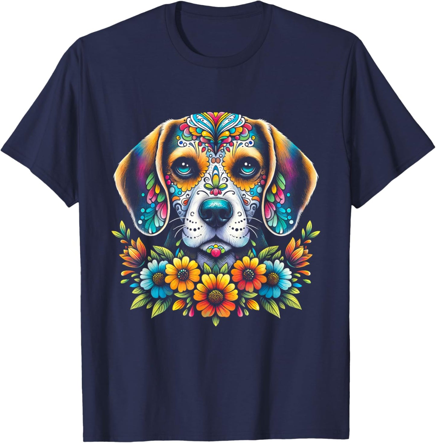 Cinco De Mayo Sugar Skull Flower Beagle Dog Men Women Kids T-Shirt - T-Shirt | Navy
