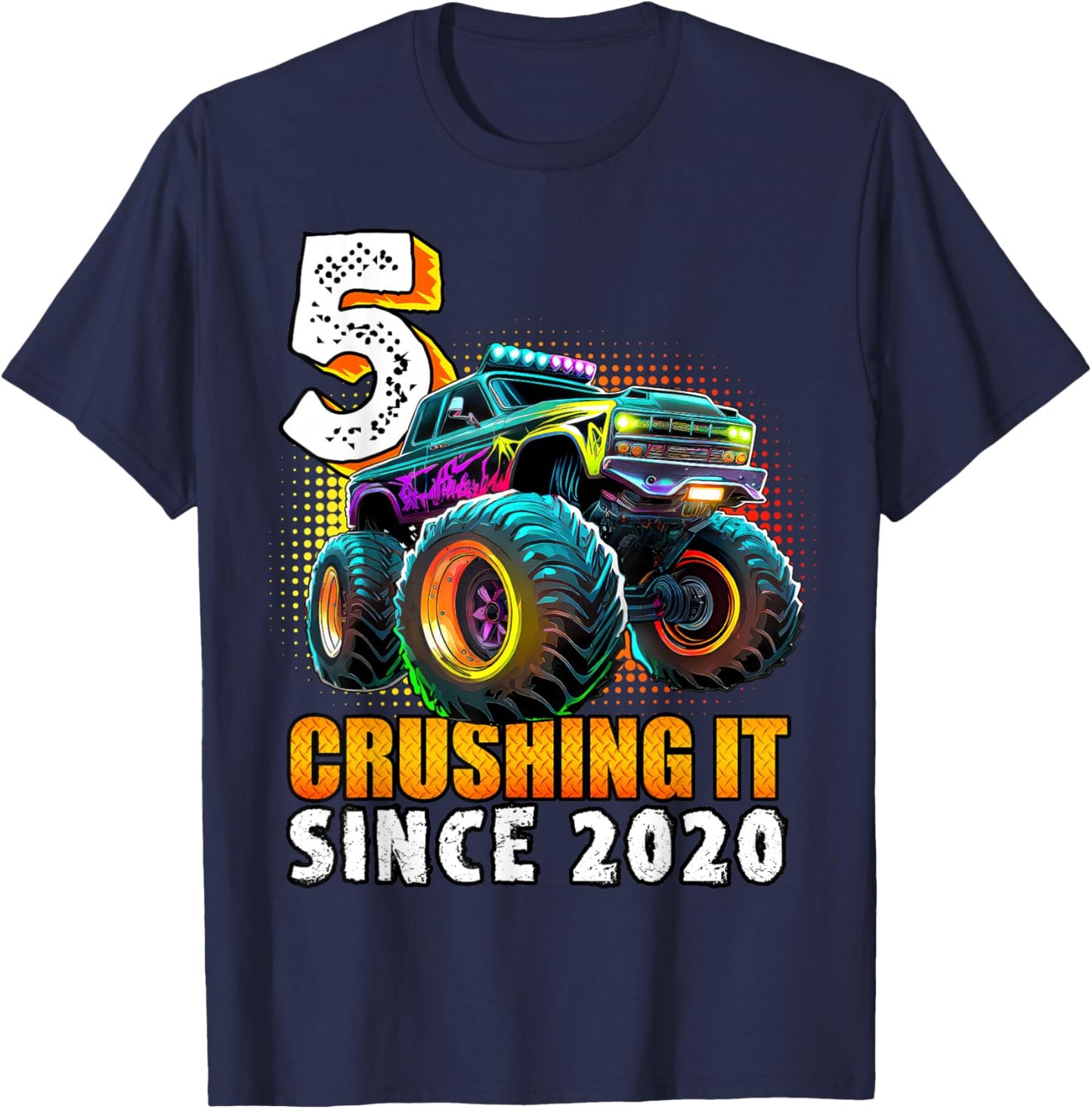 Birthday Monster Truck 5 year Old Boys 5th Party Born 2020 T-Shirt - T-Shirt | Navy