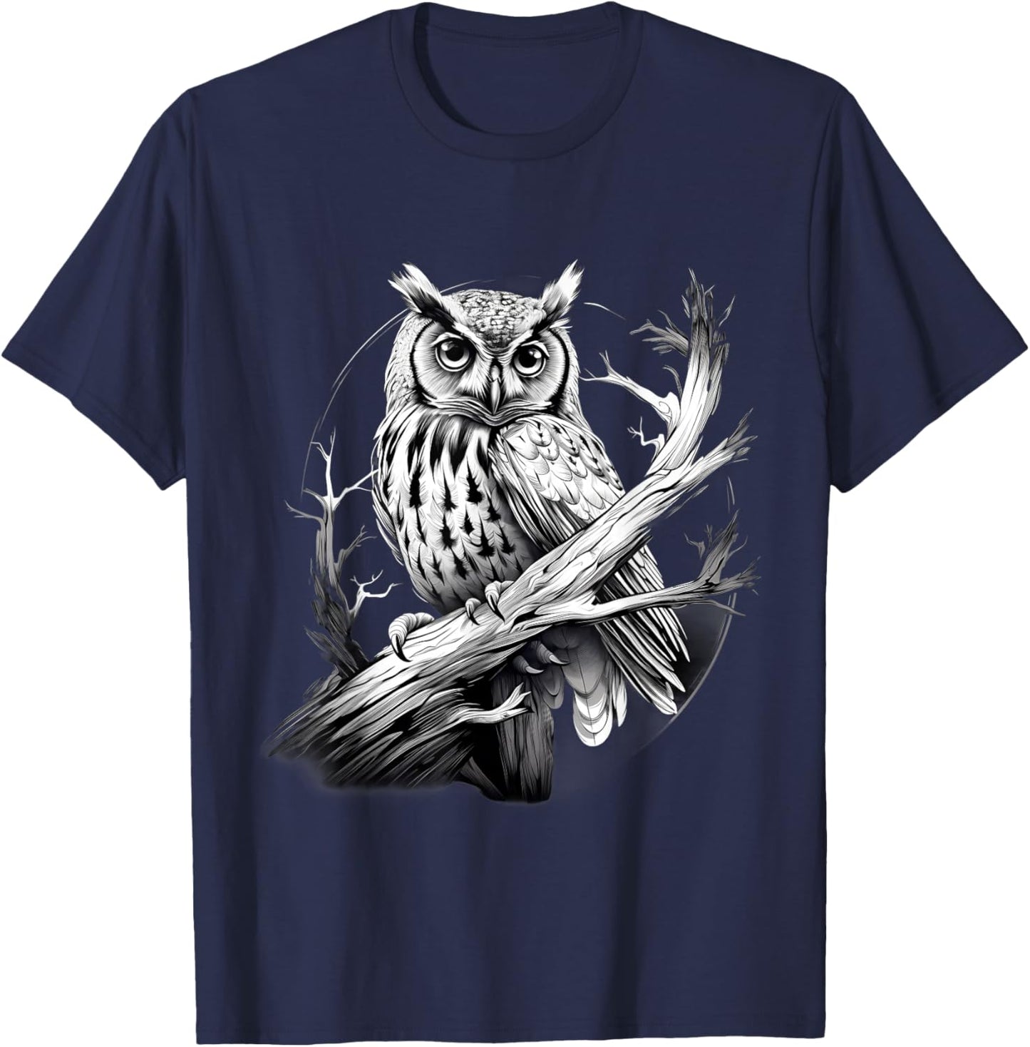 Owl Artwork Animal Lovers Animal Print Portrait Drawing T-Shirt - T-Shirt | Navy