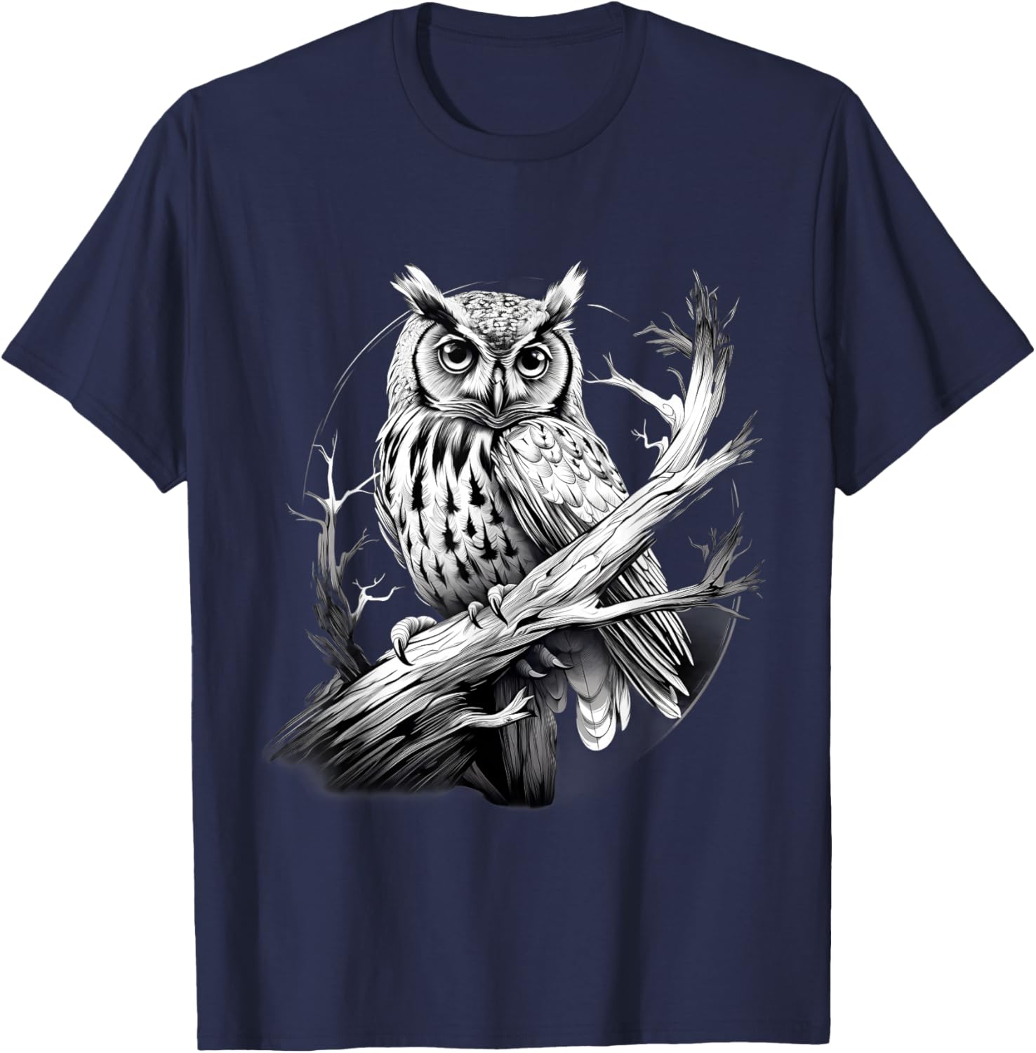 Owl Artwork Animal Lovers Animal Print Portrait Drawing T-Shirt - T-Shirt | Navy