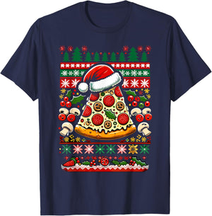 Festive Christmas Pizza Party Ugly Sweater T-Shirt - T-Shirt | Navy