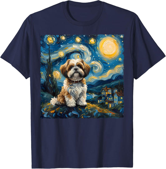 Shih Tzu Dog Lovers The Starry Night Van Gogh Style Painting T-Shirt - T-Shirt | Navy