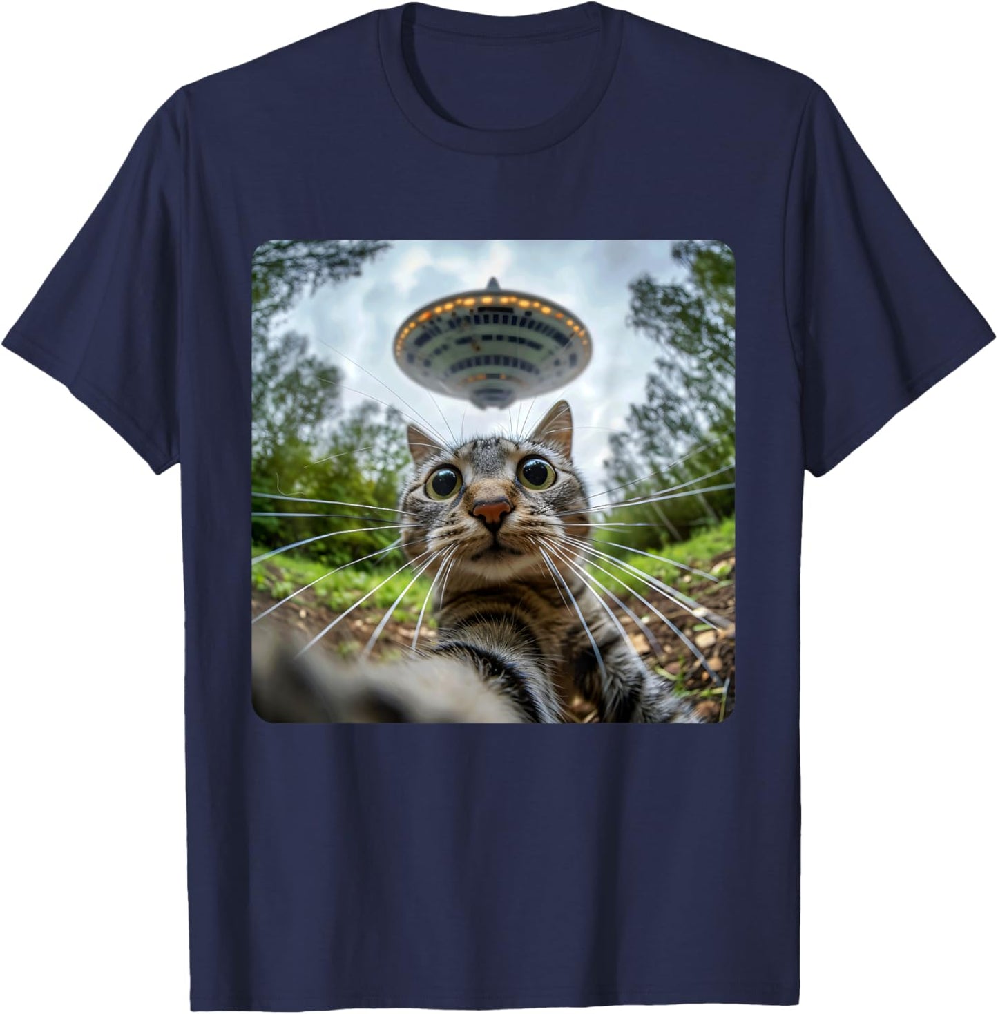 Extraterrestrial Encounter: Cat Selfie with Alien UFO Men Women Kids T-Shirt - T-Shirt | Navy