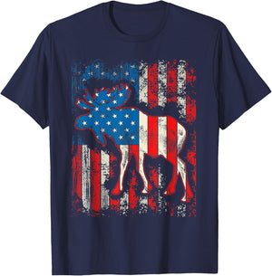 Moose USA American Flag 4th Of July Men Women Retro Vintage T-Shirt - T-Shirt | Navy