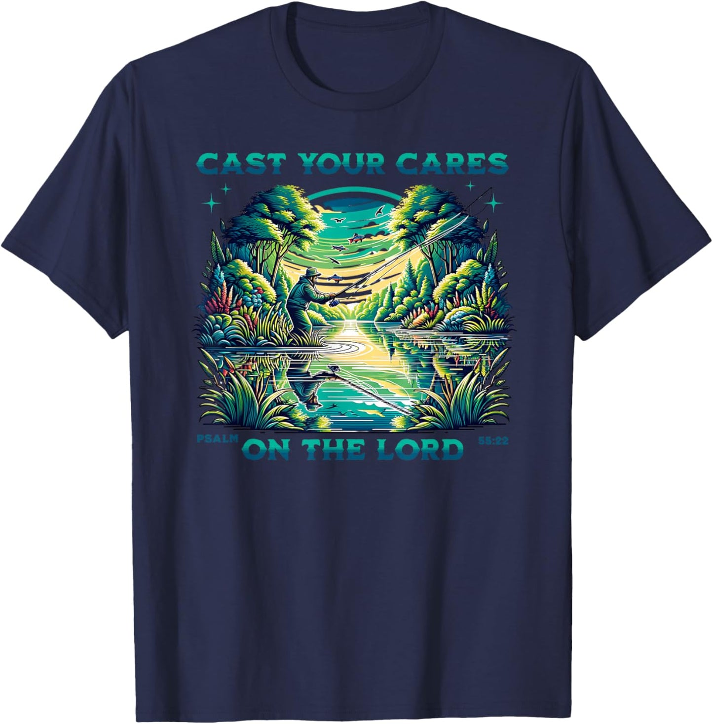Cast Your Cares On The Lord, Great Men Christian Fisherman T-Shirt - T-Shirt | Navy