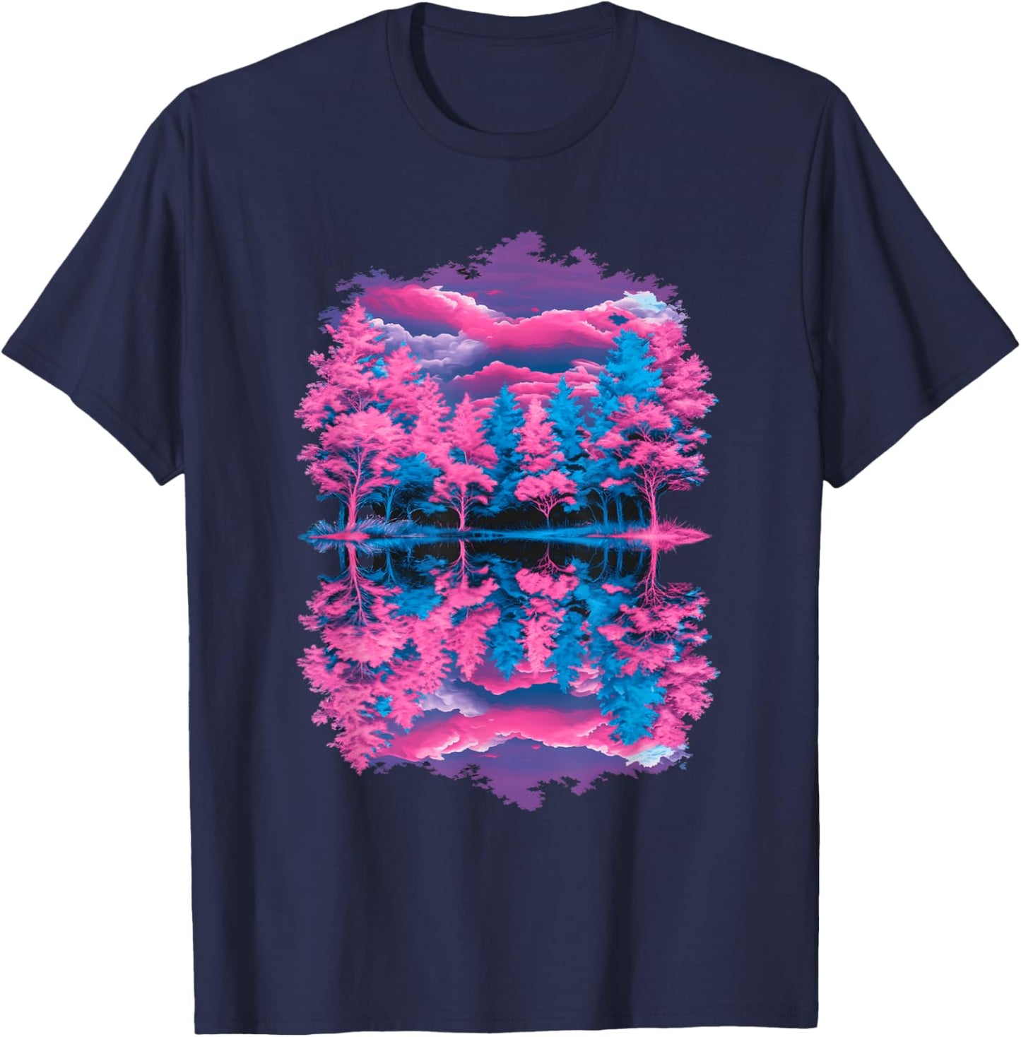 Pink Blue Vaporwave Retro Trees Reflection Serene Lake Art T-Shirt - T-Shirt | Navy