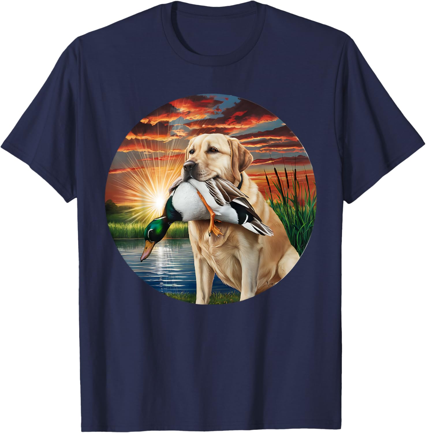 A Hunting Labrador Retriever dog with a duck in the sunset. Women T-Shirt - T-Shirt | Navy