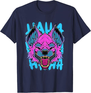 Vaporwave Laughing Hyena Safari African Animal Face Wildlife T-Shirt - T-Shirt | Navy