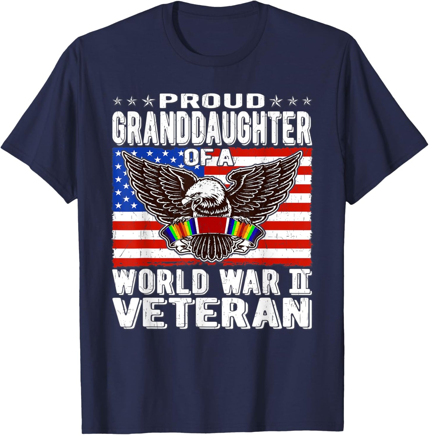 Proud Granddaughter Of A World War 2 Veteran WW2 Ribbon Gift Women Kids Men T-Shirt - T-Shirt | Navy