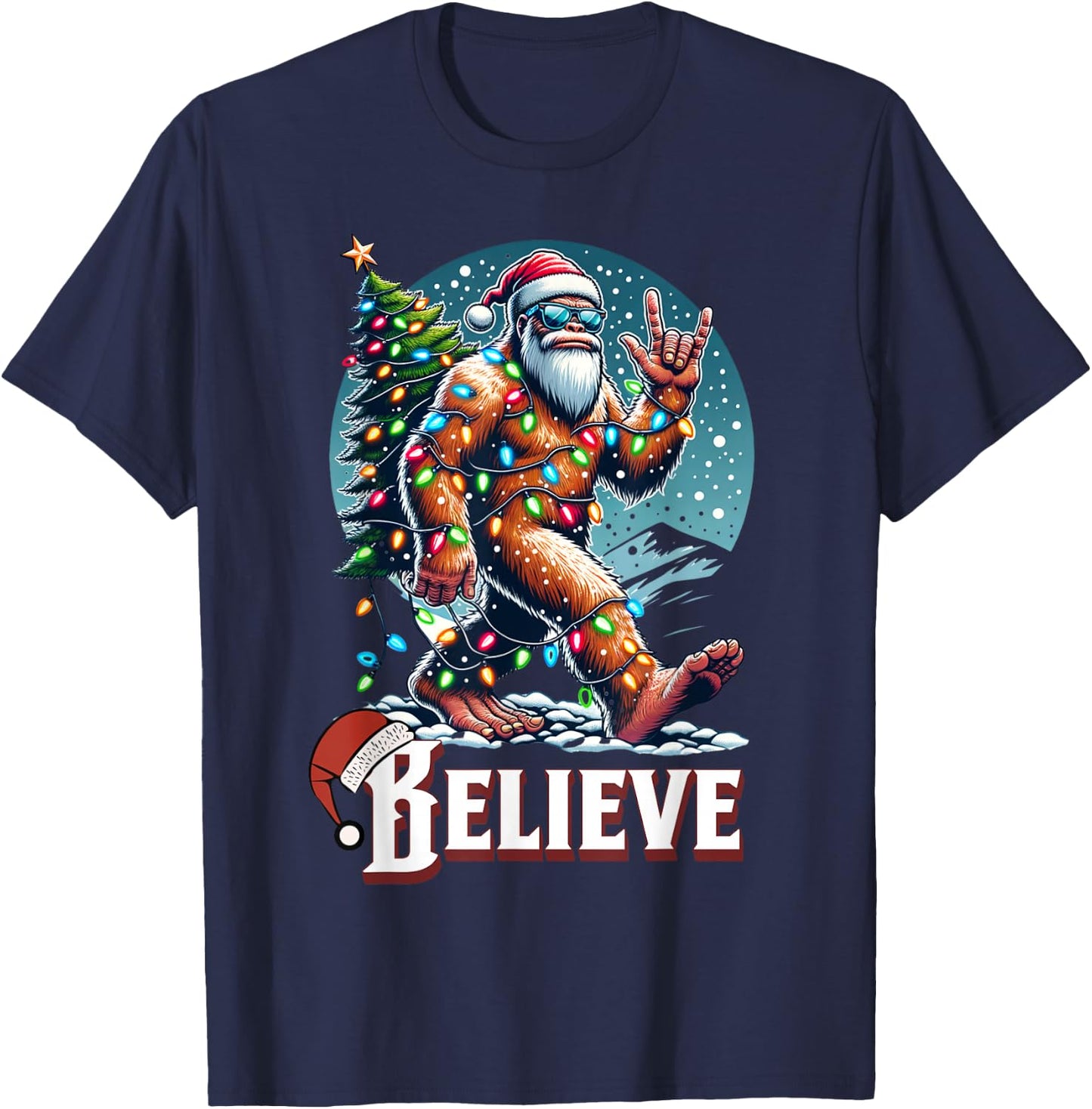 Santa Bigfoot Christmas Lights Funny Sasquatch Believe Xmas T-Shirt - T-Shirt | Navy