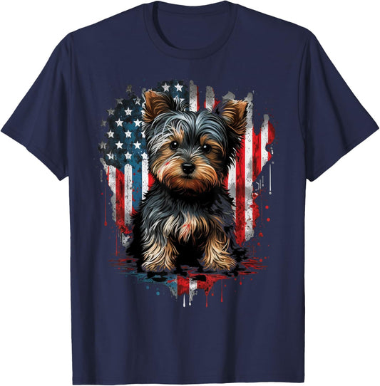 USA 4th of July Patriotic American Yorkshire Terrier T-Shirt - T-Shirt | Navy