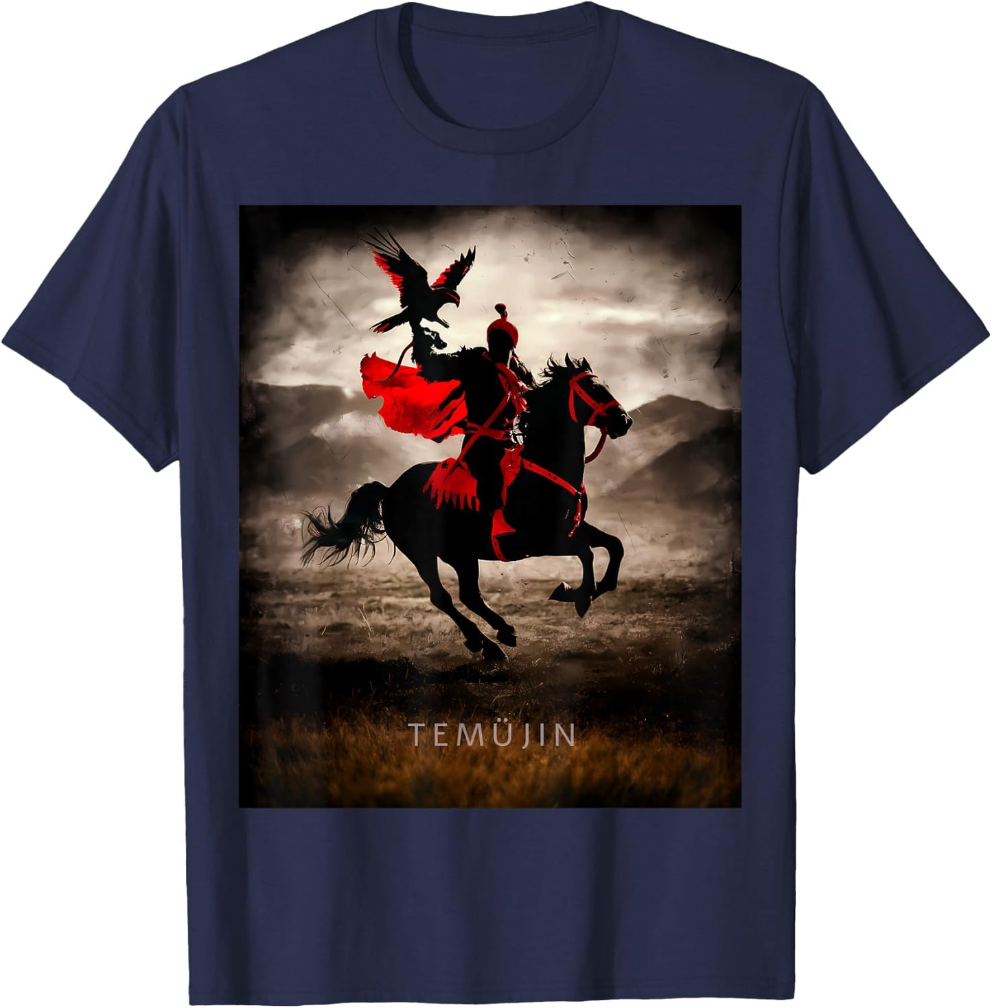 Genghis Khan Temujin Warrior Spirit Falcon Horse Mongolia T-Shirt - T-Shirt | Navy