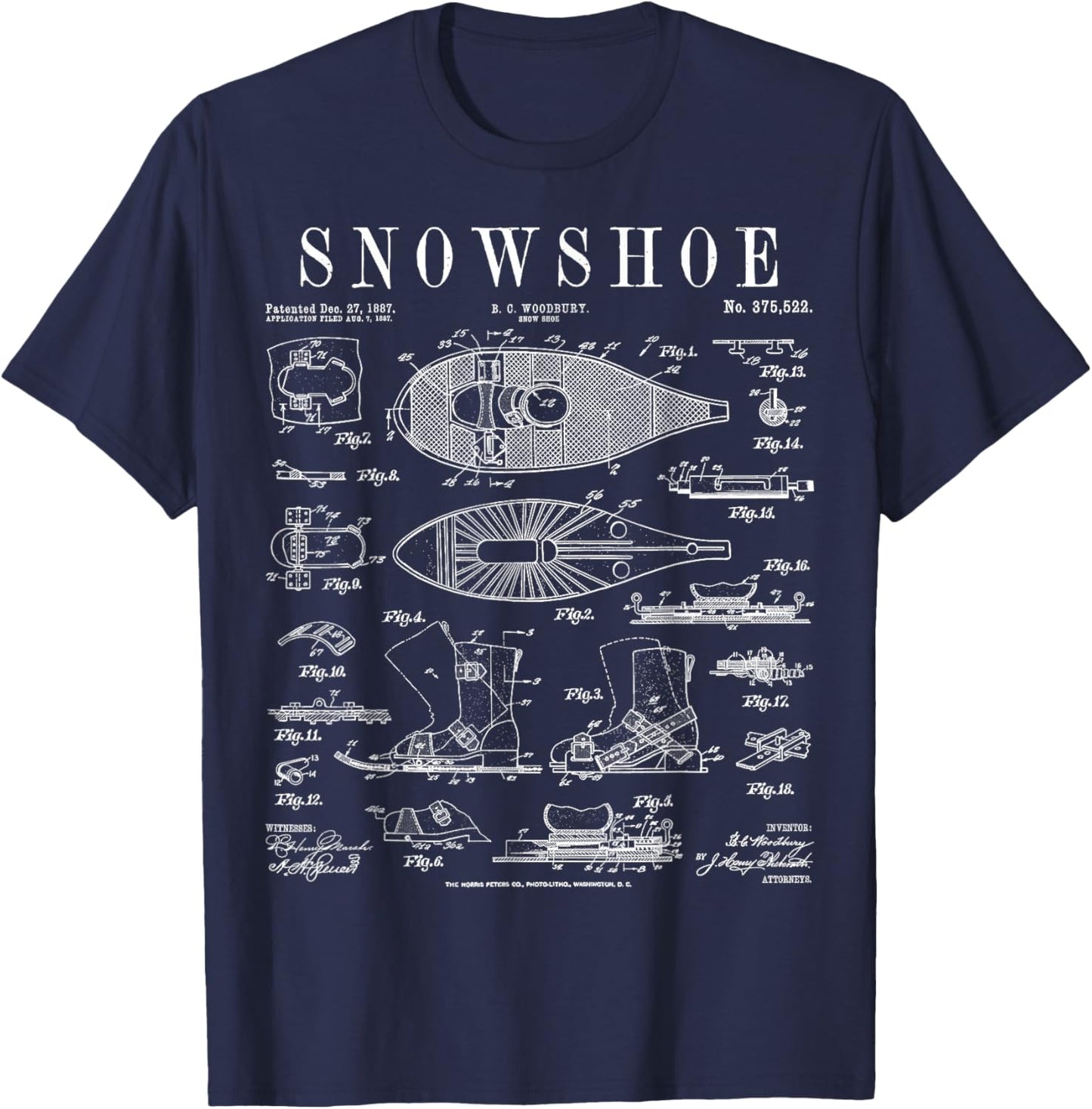 Snowshoe Snowshoeing Winter Hiking Vintage Patent Print T-Shirt - T-Shirt | Navy