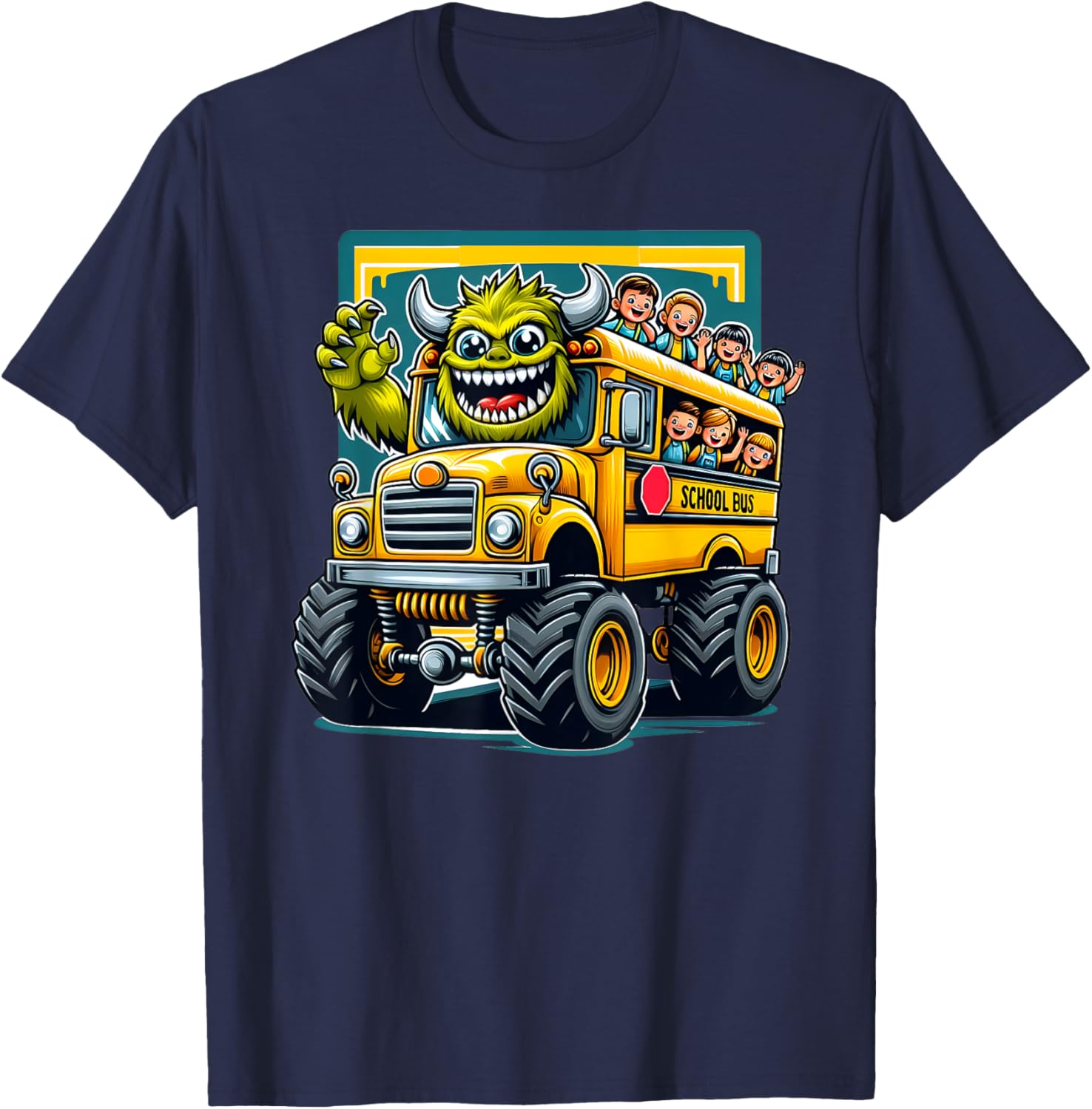 Monster Truck School Bus Illustration Funny Back To School T-Shirt - T-Shirt | Navy