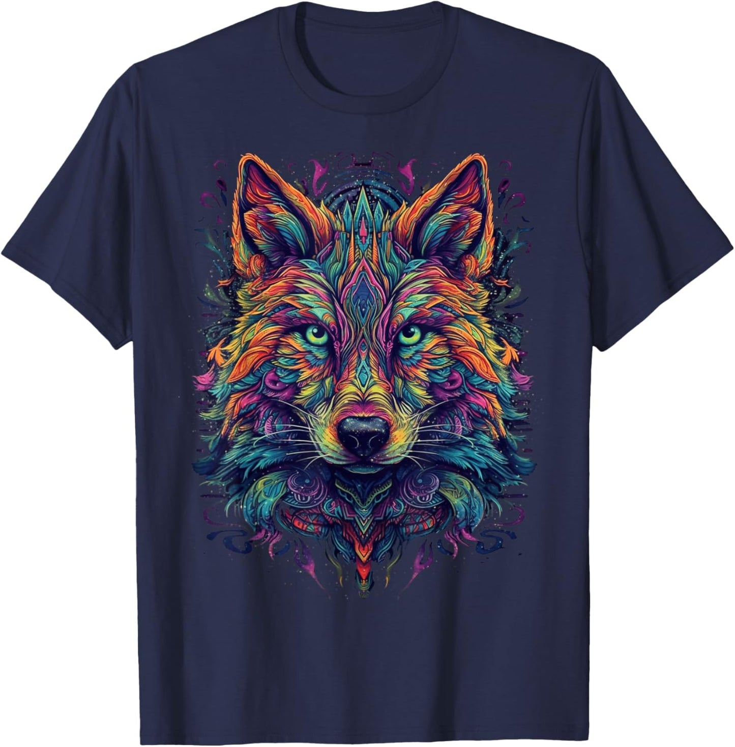 Colorful Wolf | Psychedelic Art Trippy Hippie Men Women T-Shirt - T-Shirt | Navy