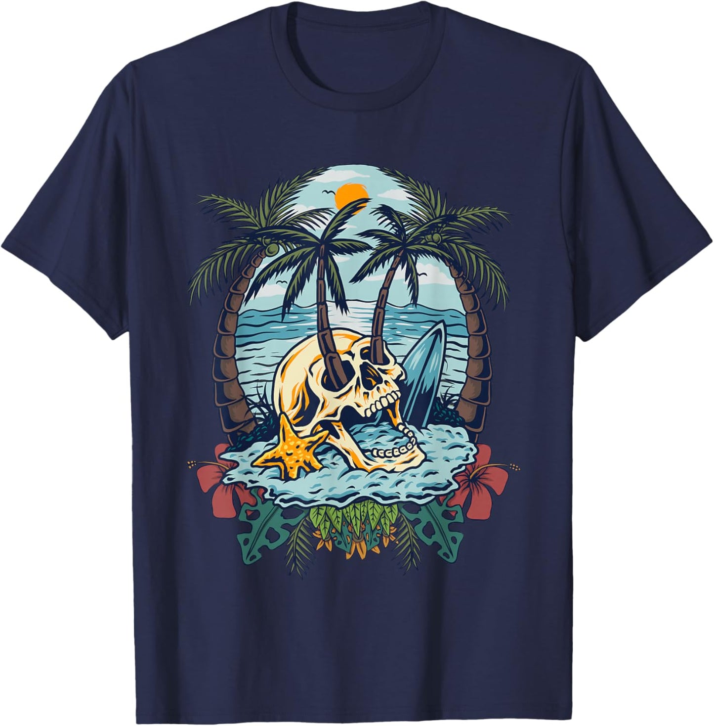 Vintage Palm Tree Skull Summer Beach Men Motorcycle Tattoo T-Shirt - T-Shirt | Navy