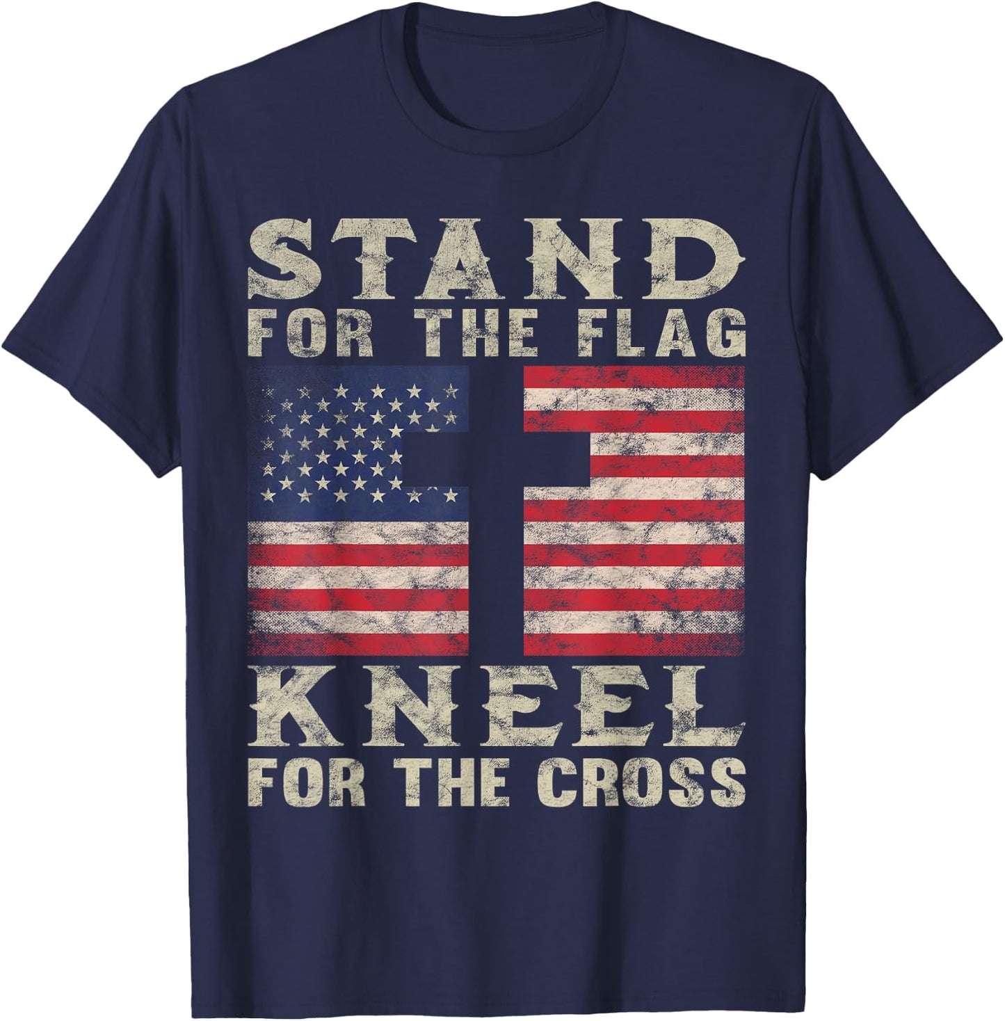 Christian Patriotic American Flag Stand Flag Kneel Cross T-Shirt - T-Shirt | Navy
