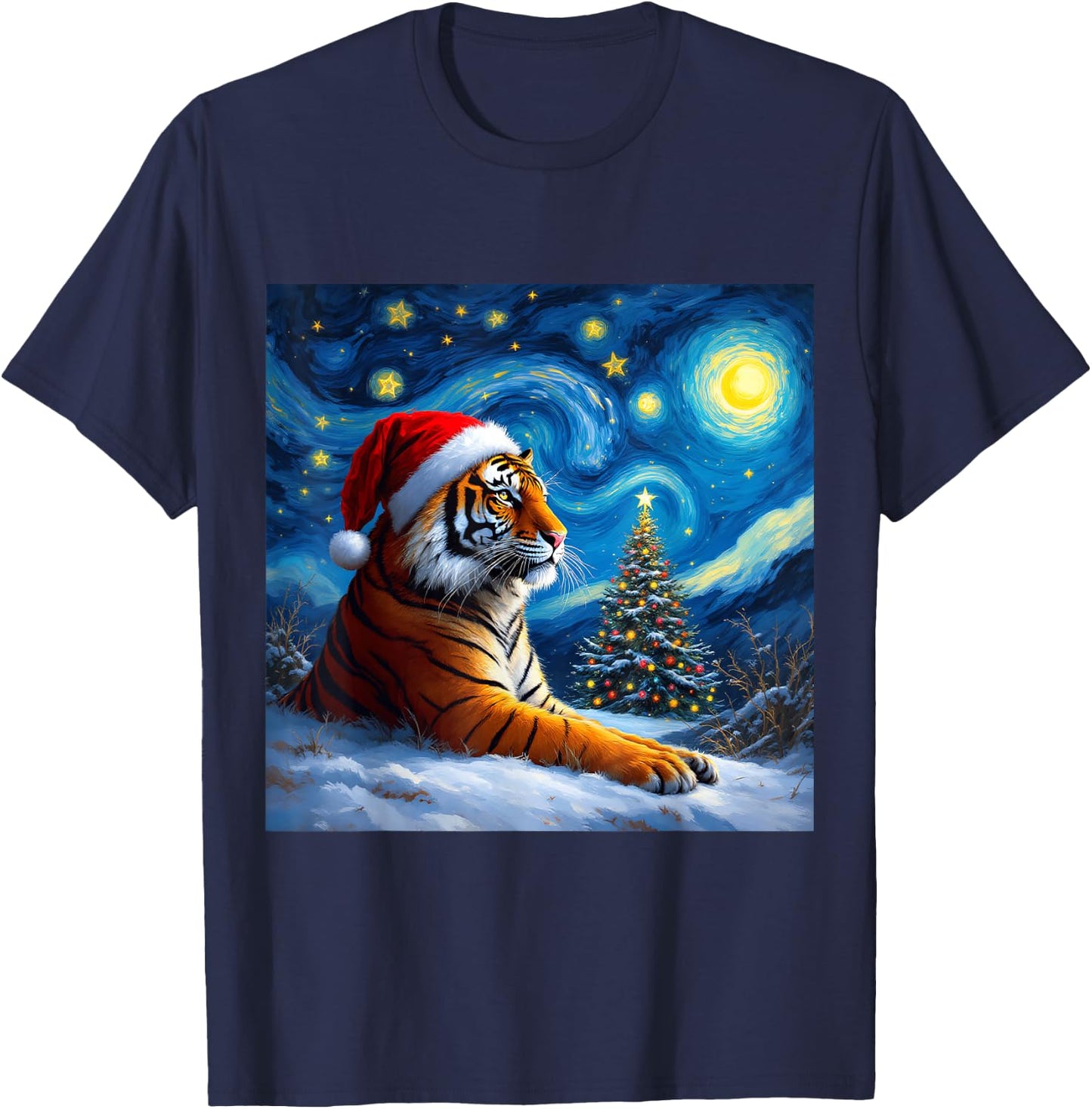 Christmas Tiger Santa Hat Van Gogh Starry Night Holiday T-Shirt - T-Shirt | Navy