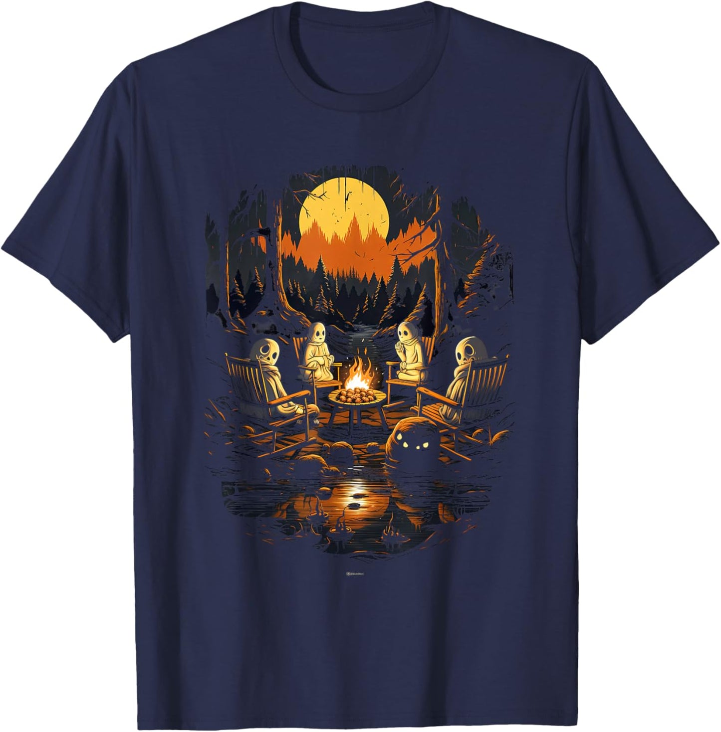 Vintage Ghost and Skeleton by Fire Camping Gothic Halloween T-Shirt - T-Shirt | Navy