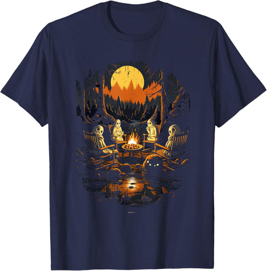Vintage Ghost and Skeleton by Fire Camping Gothic Halloween T-Shirt - T-Shirt | Navy