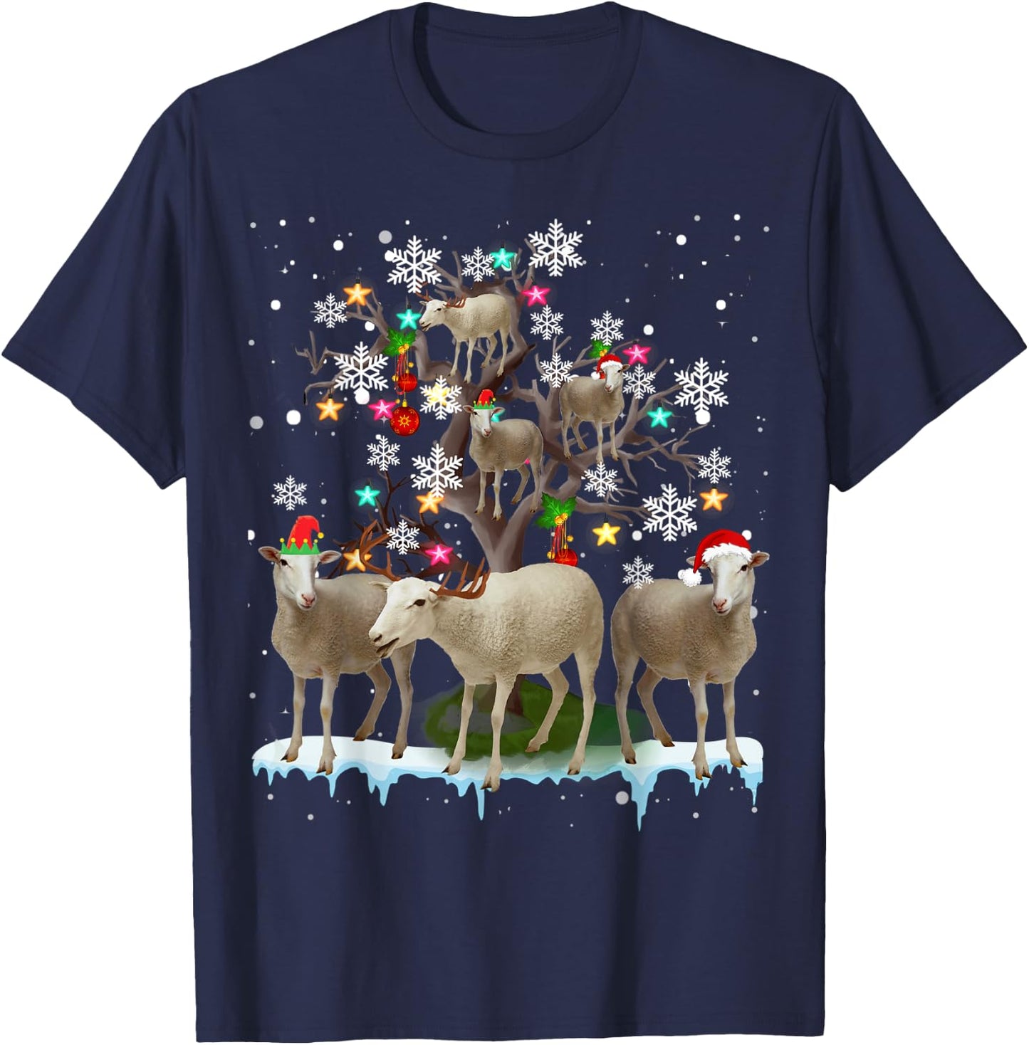 Christmas Sheep On Tree Funny Santa Sheep Lover Gifts T-Shirt - T-Shirt | Navy