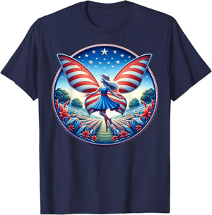 Girl With Butterfly Wings AmericanThemed Background For T-Shirt - T-Shirt | Navy