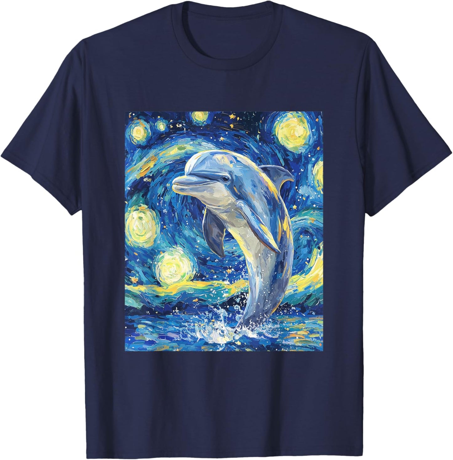 Cute Dolphin - Van Gogh Style - Starry Night Graphic T-Shirt - T-Shirt | Navy