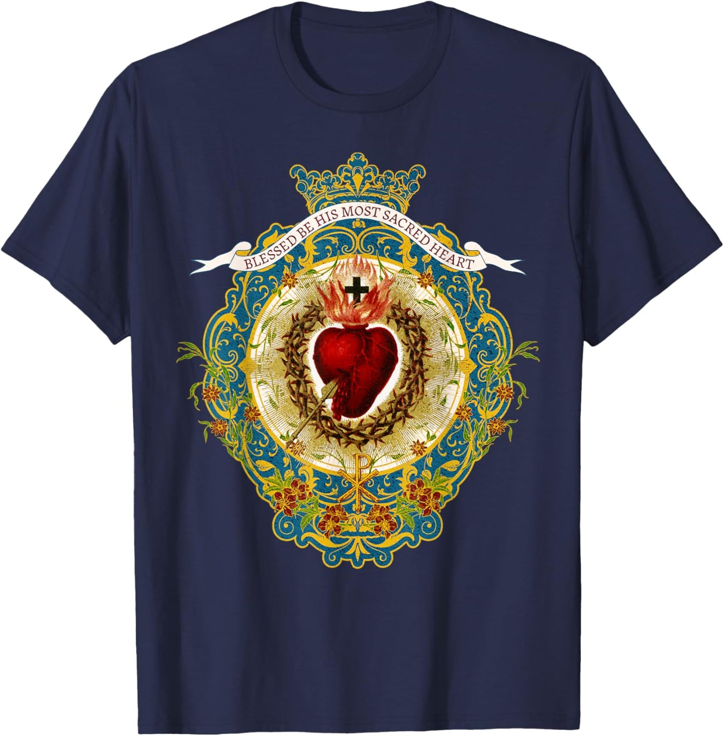 Sacred Heart of Jesus Symbol Divine Praises Vintage Catholic T-Shirt - T-Shirt | Navy
