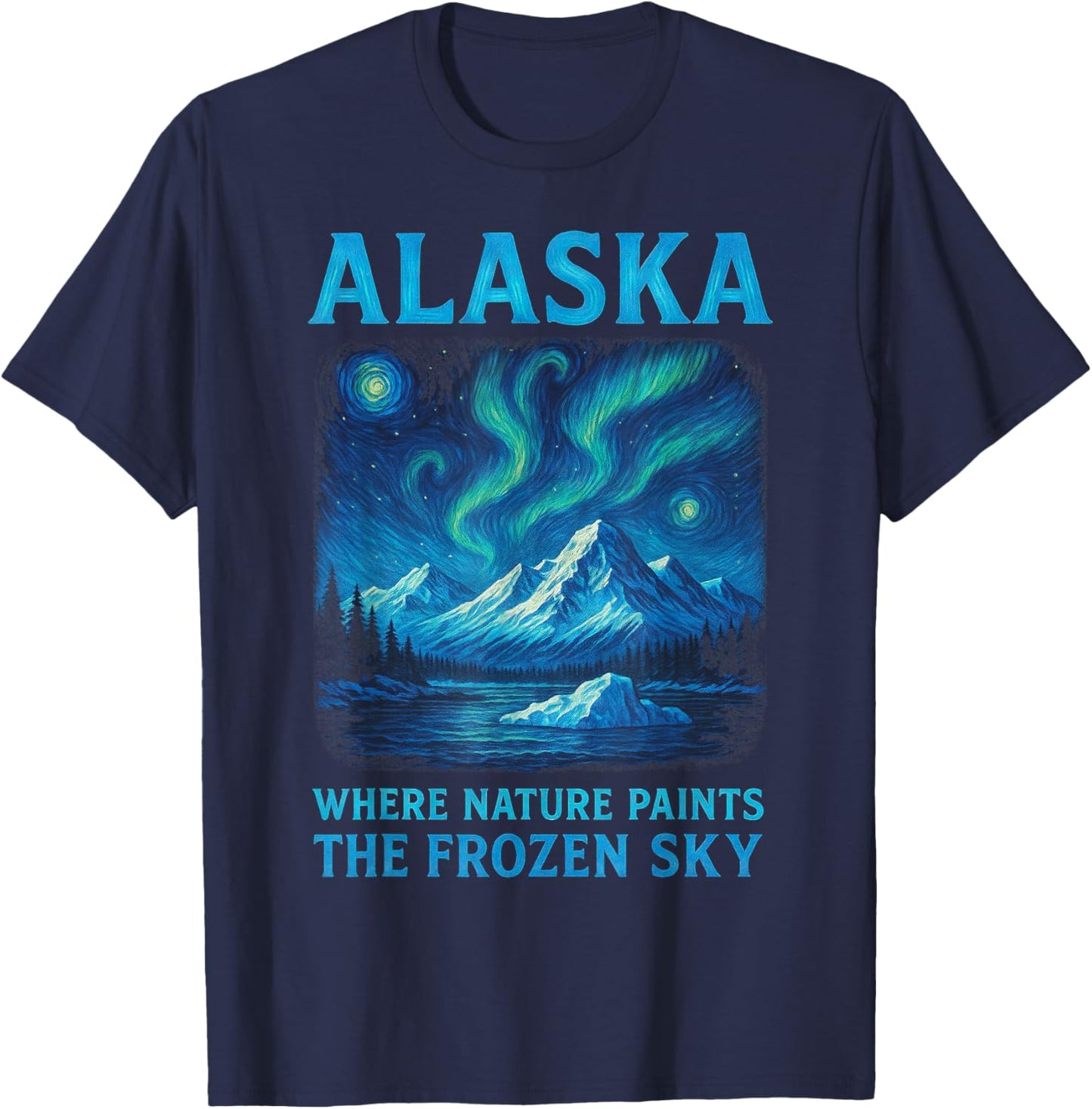 Alaska - Northern Lights Van Gogh Style, Aurora Borealis T-Shirt - T-Shirt | Navy