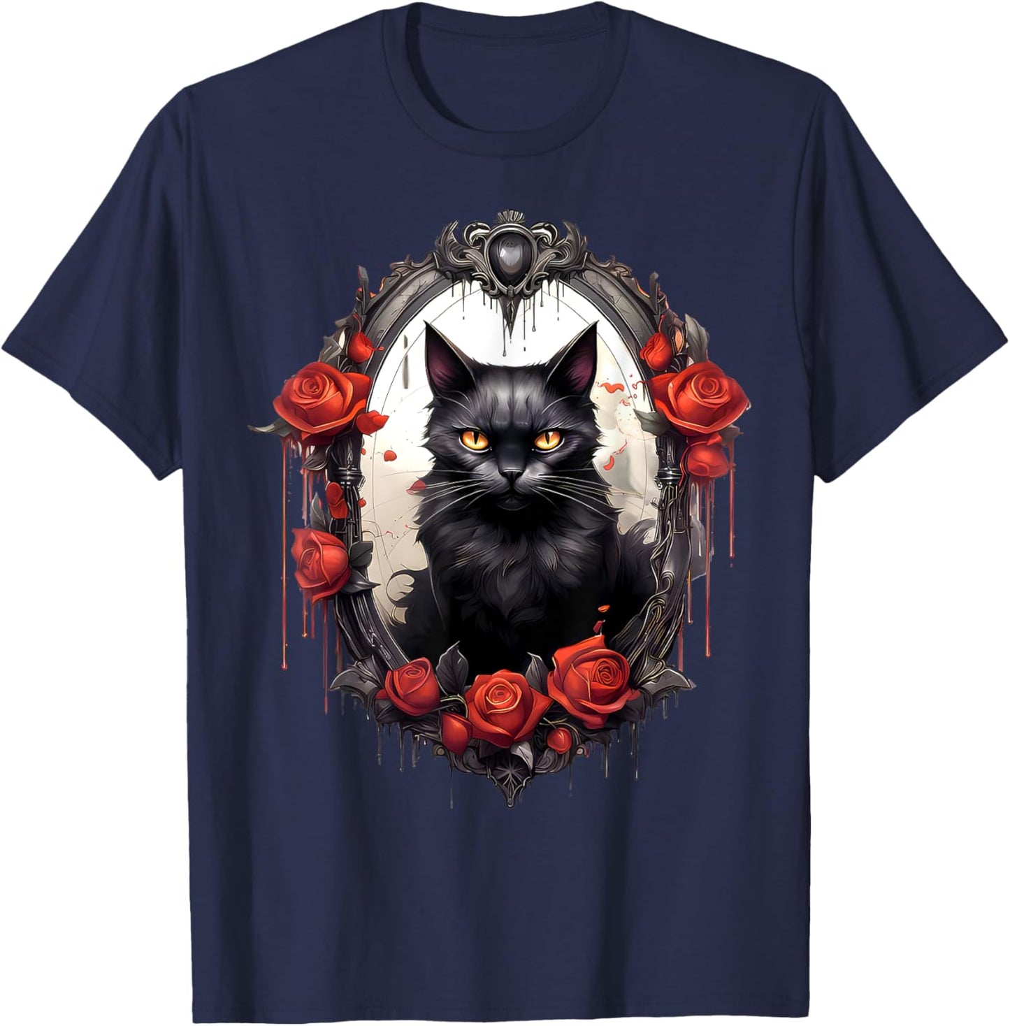 Aesthetic Black Cat Rose Flower Gothic Vintage Cat Lover Women Girls Kids T-Shirt - T-Shirt | Navy