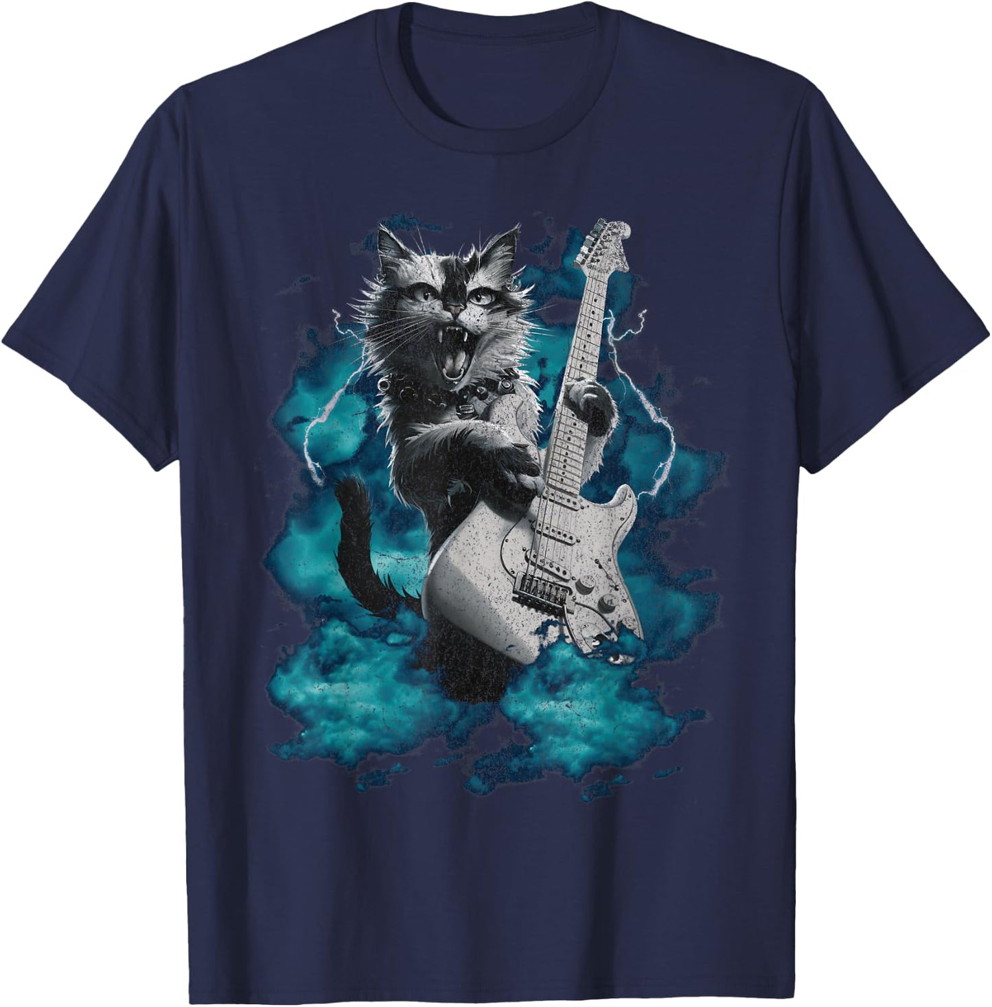 Cool Guitar Cat Kittie Rock Band Music Thunder Rockstar Men Women T-Shirt - T-Shirt | Navy