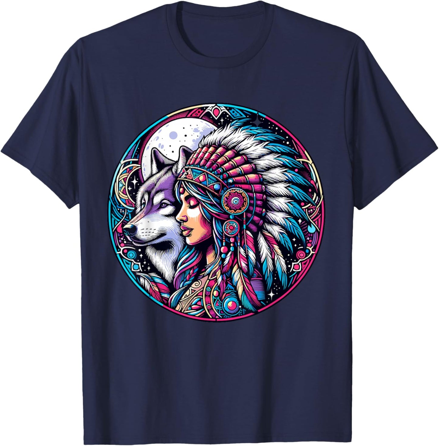 Native American Totem Woman and Wolf T-Shirt - T-Shirt | Navy