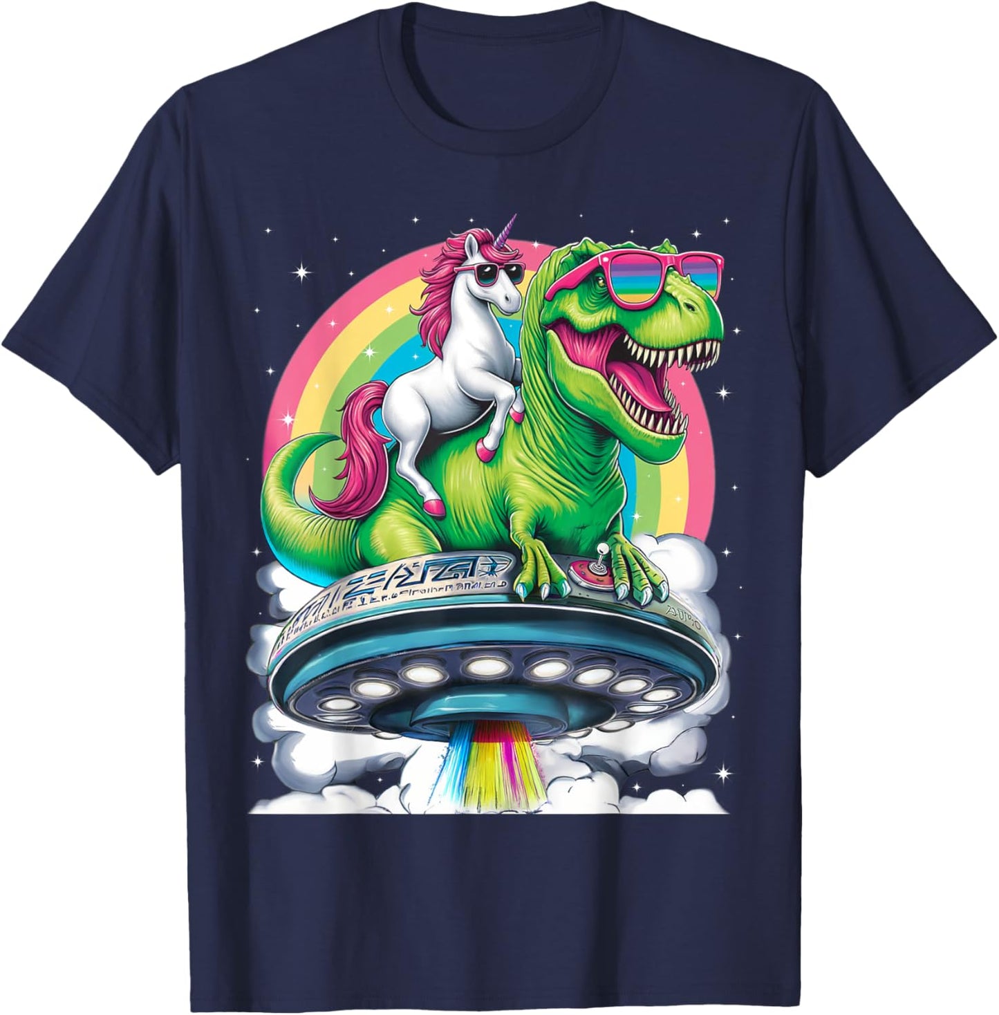 Unicorn Riding T Rex UFO Dinosaur Boy Girl Men Women Rainbow T-Shirt - T-Shirt | Navy